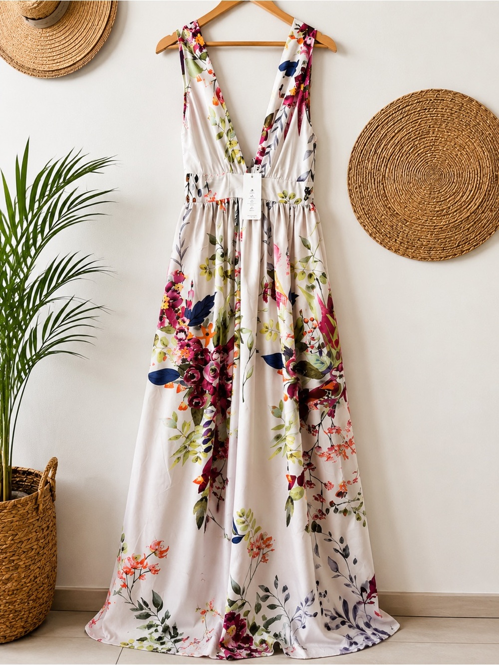 Floral V-Neck Maxi Dress in White with Multicolor Bloom